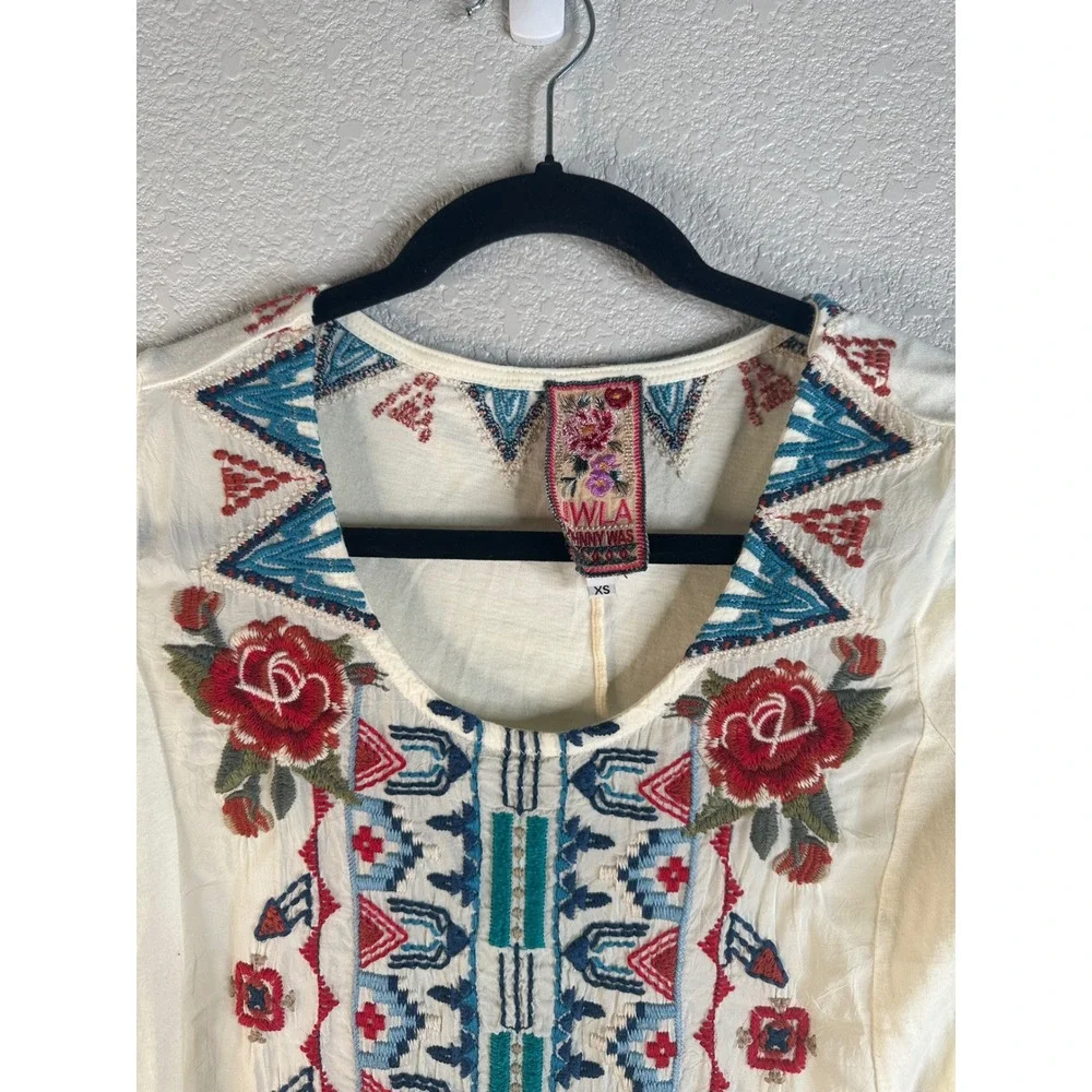 Johnny Was Women's Cream Embroidered Floral Boho Tunic Dress Size XS